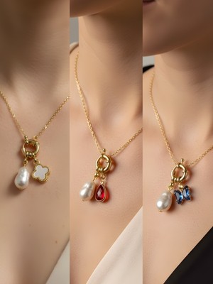 NKT Collection Mavi Kelebek Kırmızı Damla Beyaz Yonca Incili Kolye