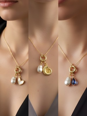 NKT Collection Mavi Damla Deniz Kabuğu Beyaz Kalp Incili Kolye