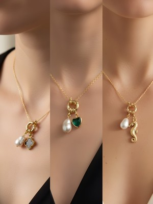 NKT Collection Deniz Atı Zümrüt Yeşili Kalp Siyah Yonca Incili Kolye