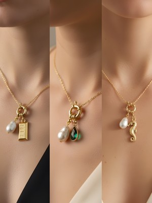 NKT Collection Deniz Atı Zümrüt Yeşili Damla Külçe Altın Incili Kolye