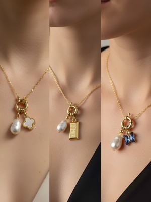 NKT Collection Mavi Kelebek Külçe Altın Beyaz Yonca Incili Kolye