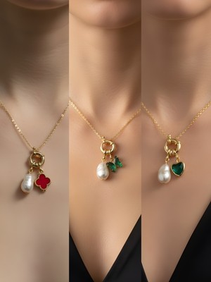 NKT Collection Zümrüt Yeşili Kalp Zümrüt Yeşili Kelebek Kırmızı Yonca Incili Kolye