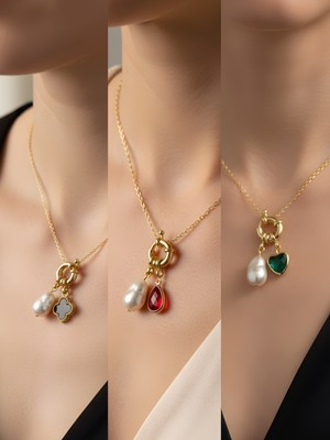 NKT Collection Zümrüt Yeşili Kalp Kırmızı Damla Siyah Yonca Incili Kolye