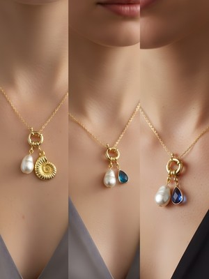 NKT Collection Mavi Damla Turkuaz Damla Deniz Kabuğu Incili Kolye