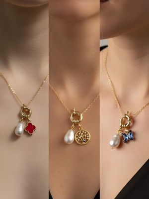 NKT Collection Mavi Kelebek Hayat Ağacı Kırmızı Yonca Incili Kolye