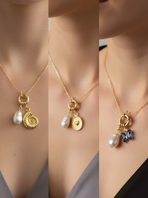 NKT Collection Mavi Kelebek Kabartma Kalp Deniz Kabuğu Incili Kolye