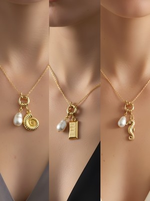 NKT Collection Deniz Atı Deniz Kabuğu Külçe Altın Incili Kolye