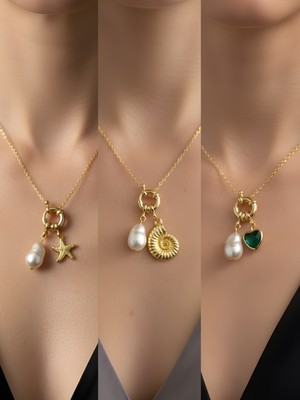 NKT Collection Zümrüt Yeşili Kalp Deniz Kabuğu Deniz Yıldızı Incili Kolye