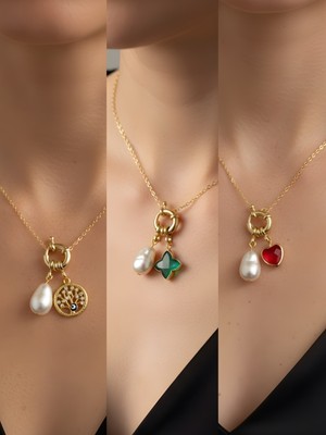 NKT Collection Kırmızı Kalp Zümrüt Yeşili Yıldız Hayat Ağacı Incili Kolye