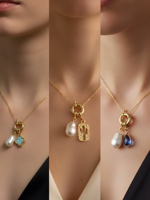 NKT Collection Mavi Damla Kaktüs Turkuaz Yonca Incili Kolye