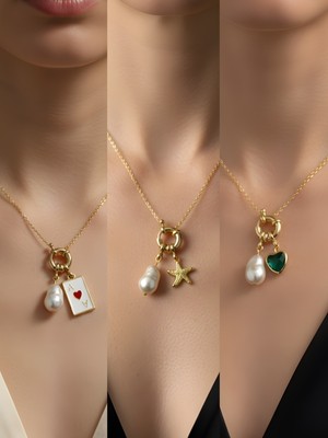 NKT Collection Zümrüt Yeşili Kalp Deniz Yıldızı Kupa As Incili Kolye