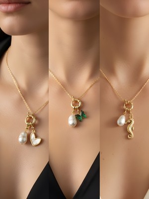 NKT Collection Deniz Atı Zümrüt Yeşili Kelebek Beyaz Kalp Incili Kolye