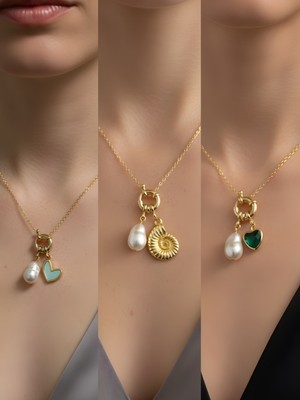 NKT Collection Zümrüt Yeşili Kalp Deniz Kabuğu Turkuaz Kalp Incili Kolye