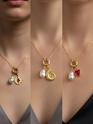 NKT Collection Kırmızı Kalp Deniz Kabuğu Ay Güneş Incili Kolye
