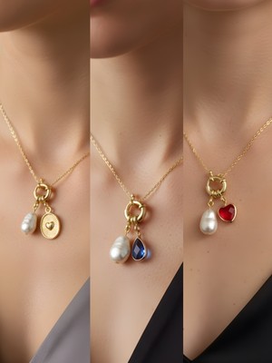 NKT Collection Kırmızı Kalp Mavi Damla Kabartma Kalp Incili Kolye