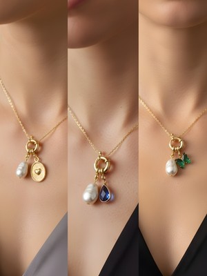 NKT Collection Mavi Damla Zümrüt Yeşili Kelebek Kabartma Kalp Incili Kolye