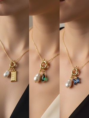 NKT Collection Mavi Kelebek Zümrüt Yeşili Damla Külçe Altın Incili Kolye