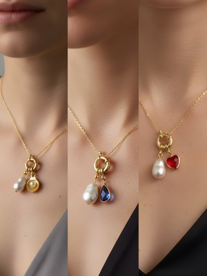 NKT Collection Kırmızı Kalp Mavi Damla Midye Incili Kolye