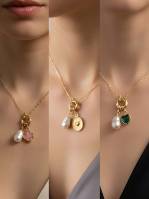 NKT Collection Zümrüt Yeşili Kalp Kabartma Kalp Pembe Yonca Incili Kolye