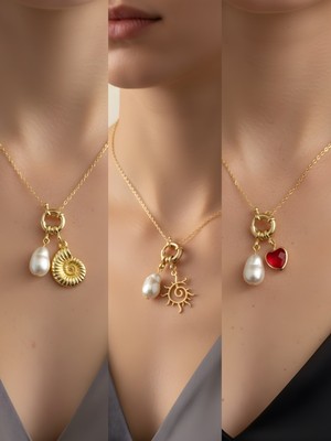 NKT Collection Kırmızı Kalp Güneş Deniz Kabuğu Incili Kolye