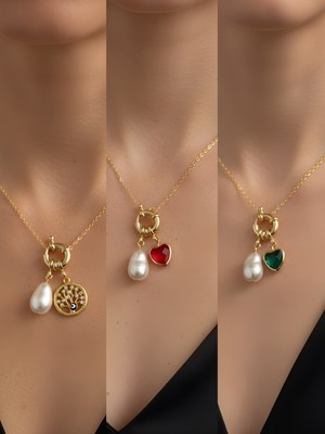 NKT Collection Zümrüt Yeşili Kalp Kırmızı Kalp Hayat Ağacı Incili Kolye