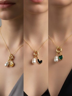 NKT Collection Zümrüt Yeşili Kalp Siyah Kalp Midye Incili Kolye