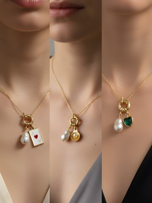 NKT Collection Zümrüt Yeşili Kalp Midye Kupa As Incili Kolye