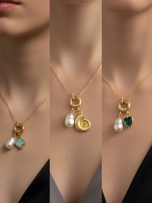 NKT Collection Zümrüt Yeşili Kalp Deniz Kabuğu Turkuaz Yonca Incili Kolye