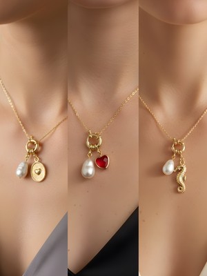 NKT Collection Deniz Atı Kırmızı Kalp Kabartma Kalp Incili Kolye