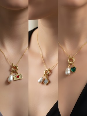 NKT Collection Zümrüt Yeşili Kalp Siyah Yonca Kalpli Zarf Incili Kolye