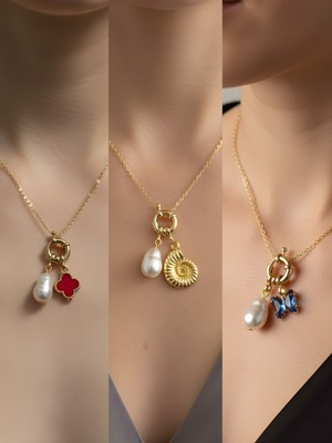 NKT Collection Mavi Kelebek Deniz Kabuğu Kırmızı Yonca Incili Kolye