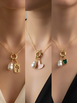 NKT Collection Zümrüt Yeşili Kalp Pembe Kalp Kaktüs Incili Kolye