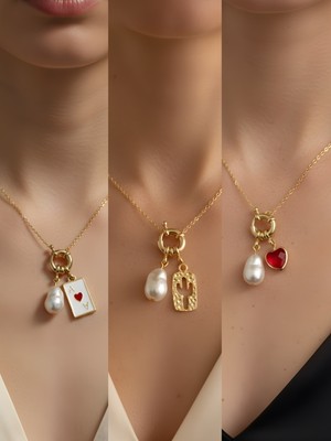 NKT Collection Kırmızı Kalp Kaktüs Kupa As Incili Kolye