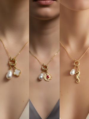 NKT Collection Deniz Atı Ay Güneş Beyaz Yonca Incili Kolye