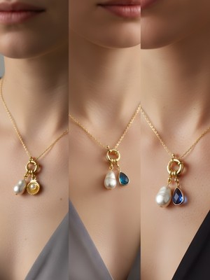 NKT Collection Mavi Damla Turkuaz Damla Midye Incili Kolye