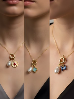 NKT Collection Mavi Kelebek Turkuaz Yonca Ay Güneş Incili Kolye