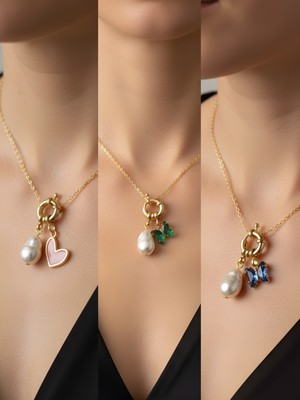 NKT Collection Mavi Kelebek Zümrüt Yeşili Kelebek Pembe Kalp Incili Kolye