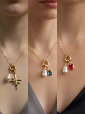 NKT Collection Kırmızı Kalp Turkuaz Damla Kutup Yıldızı Incili Kolye