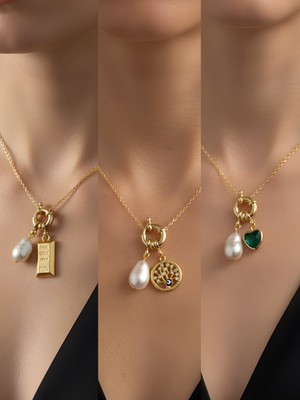 NKT Collection Zümrüt Yeşili Kalp Hayat Ağacı Külçe Altın Incili Kolye