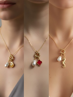 NKT Collection Deniz Atı Kırmızı Yonca Midye Incili Kolye