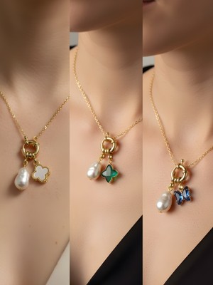 NKT Collection Mavi Kelebek Zümrüt Yeşili Yıldız Beyaz Yonca Incili Kolye