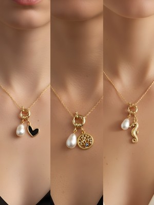 NKT Collection Deniz Atı Hayat Ağacı Siyah Kalp Incili Kolye