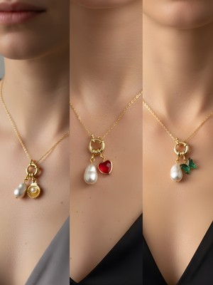 NKT Collection Kırmızı Kalp Zümrüt Yeşili Kelebek Midye Incili Kolye