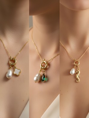 NKT Collection Deniz Atı Zümrüt Yeşili Damla Beyaz Yonca Incili Kolye