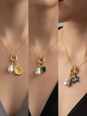 NKT Collection Zümrüt Yeşili Kalp Mavi Kelebek Deniz Kabuğu Incili Kolye