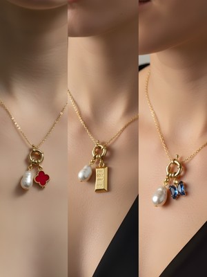 NKT Collection Mavi Kelebek Külçe Altın Kırmızı Yonca Incili Kolye