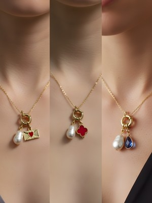 NKT Collection Mavi Damla Kırmızı Yonca Kalpli Zarf Incili Kolye