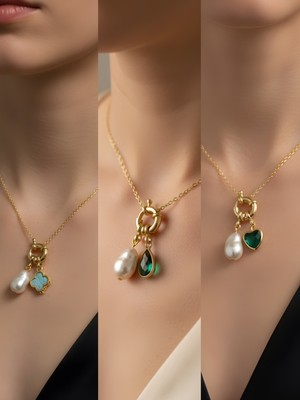 NKT Collection Zümrüt Yeşili Kalp Zümrüt Yeşili Damla Turkuaz Yonca Incili Kolye