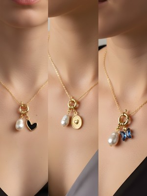 NKT Collection Mavi Kelebek Kabartma Kalp Siyah Kalp Incili Kolye