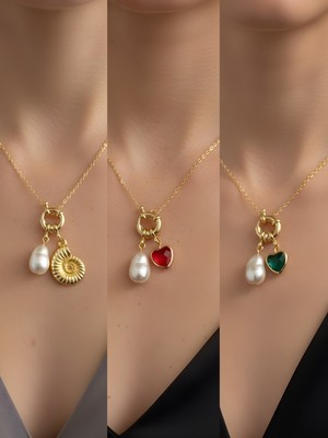 NKT Collection Zümrüt Yeşili Kalp Kırmızı Kalp Deniz Kabuğu Incili Kolye